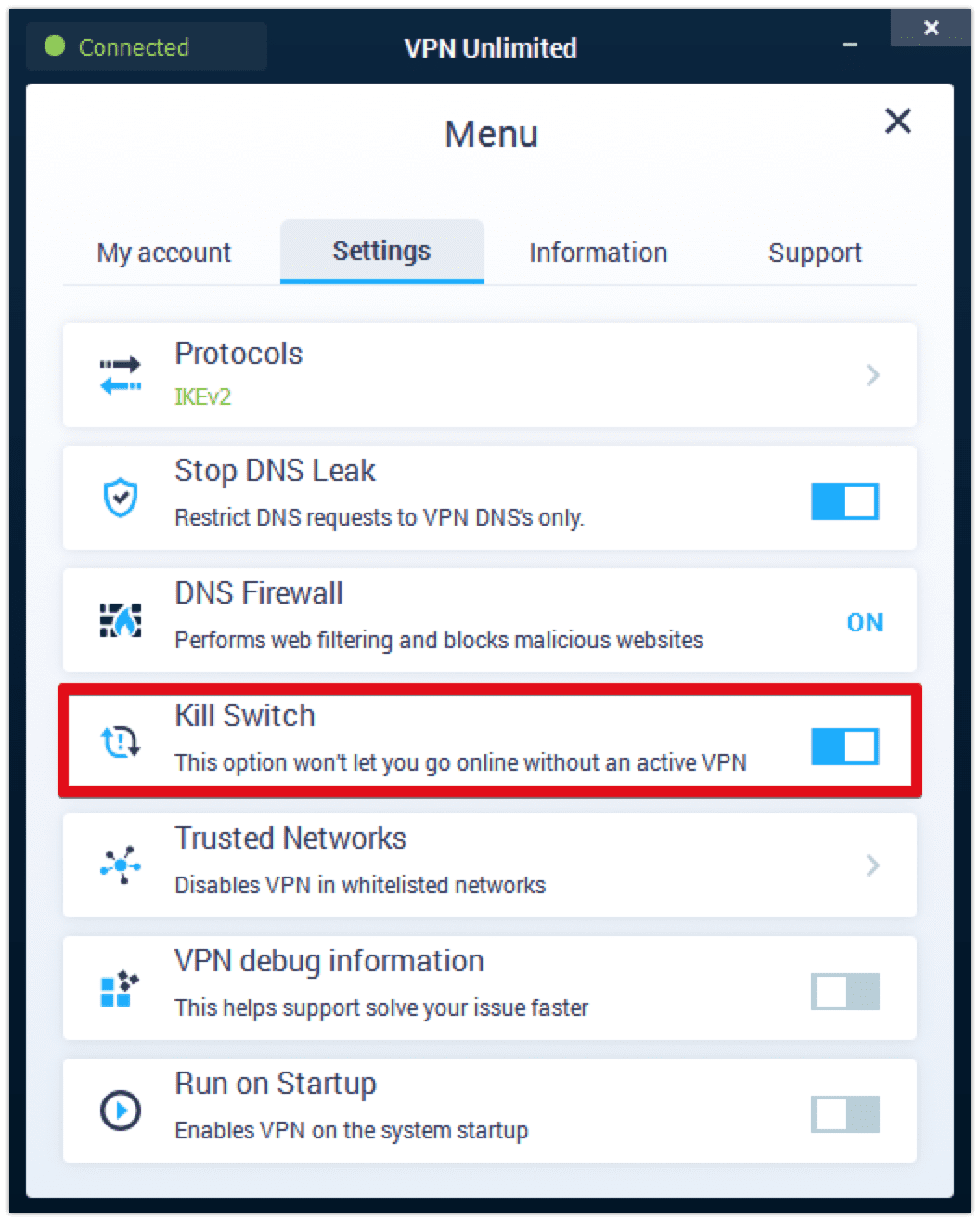 The Kill Switch feature in VPN Unlimited on Windows