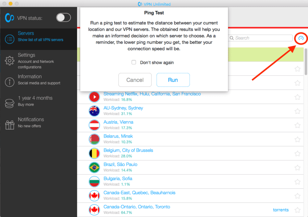 This screenshoot is showing how to run a Ping test in KeepSolid VPN Unlimited app.