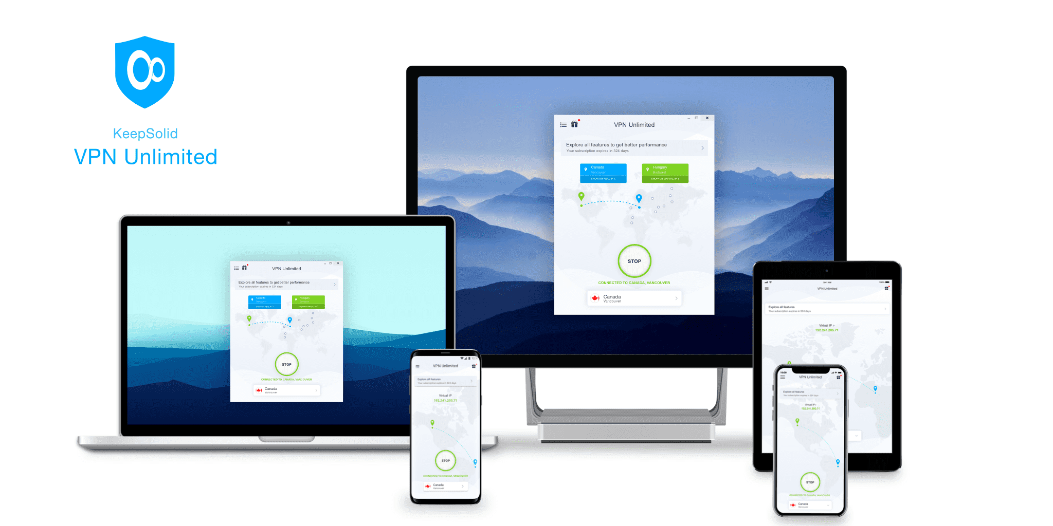 Tor vs VPN: MAin Screen of VPN Unlimited on various devices